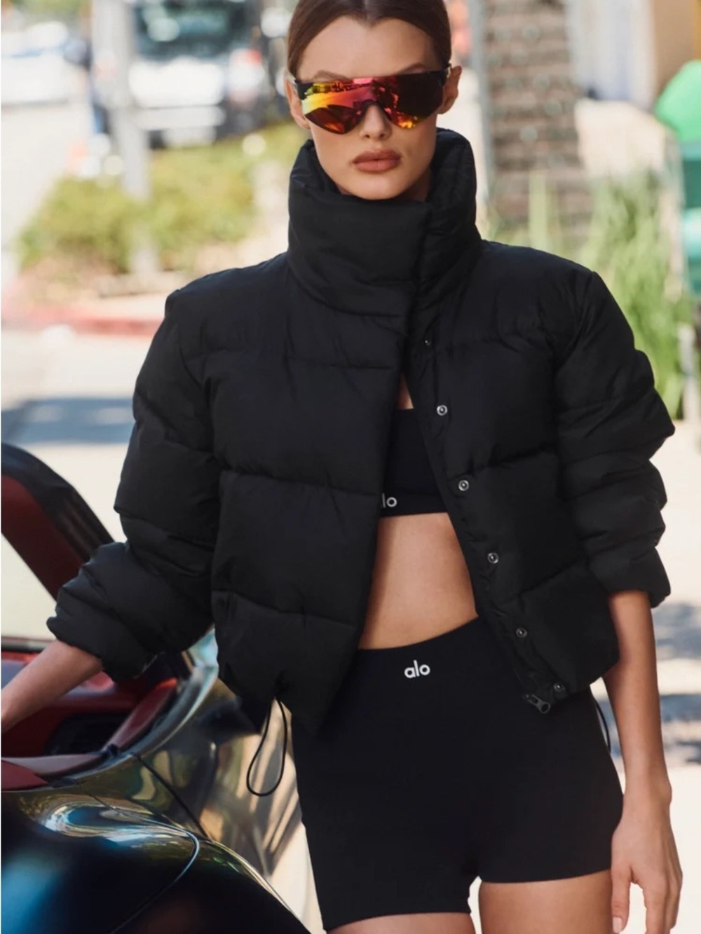 ALO Yoga Black Cropped Puffer Bomber Jacket
